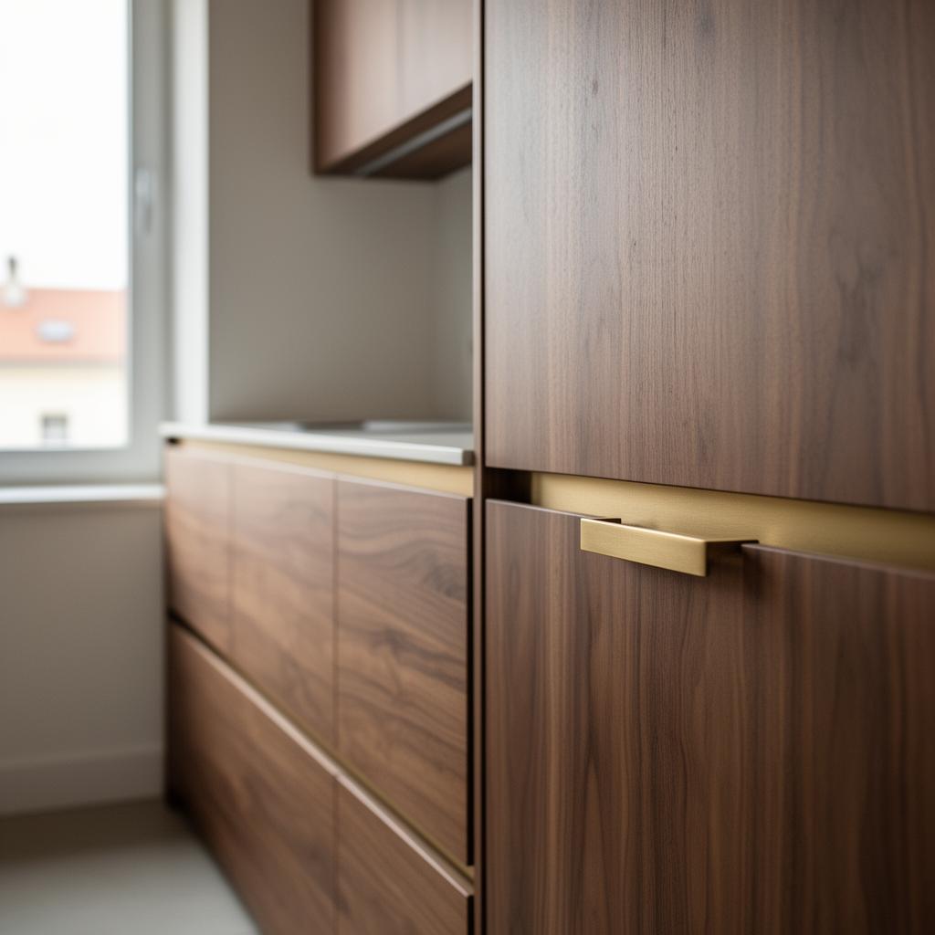 Detalj kuhinje po mjeri u Zagrebu s orah frontama i mesinganom ručkom